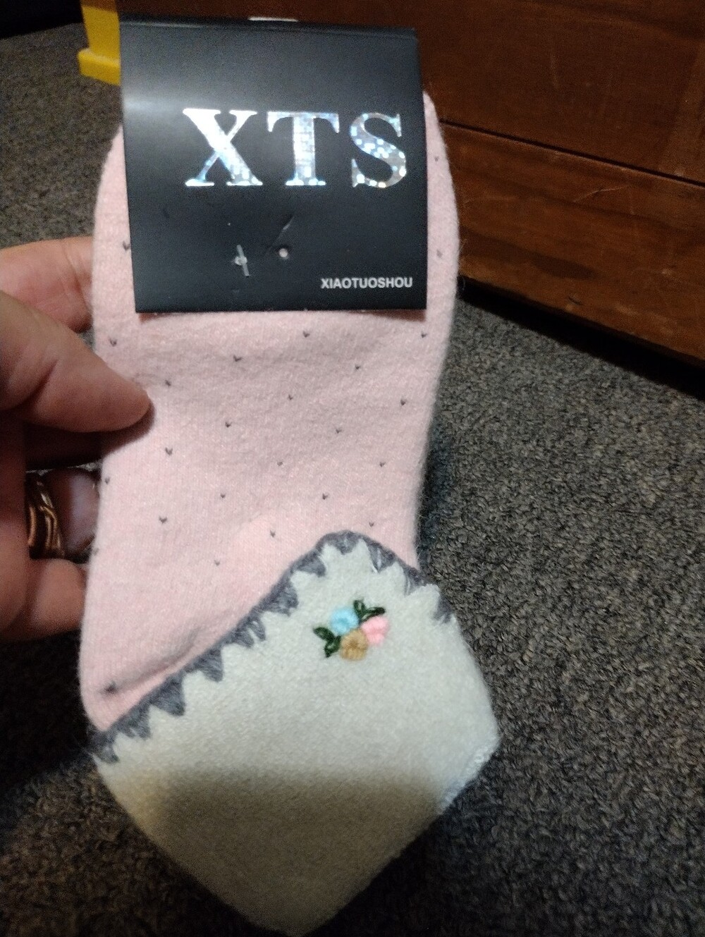 XTS Pink & Cream Premium Angora Embroidered Cozy Socks 1 Pair